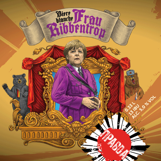 Frau Ribbentrop Wheat Ale label featuring Angela Merkle