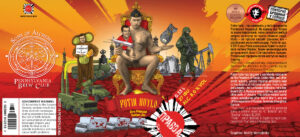 Putin Dry Hopped Golden Ale label with dickhead Putin seated naked on a throne holding an atomic bomb and other imagery
