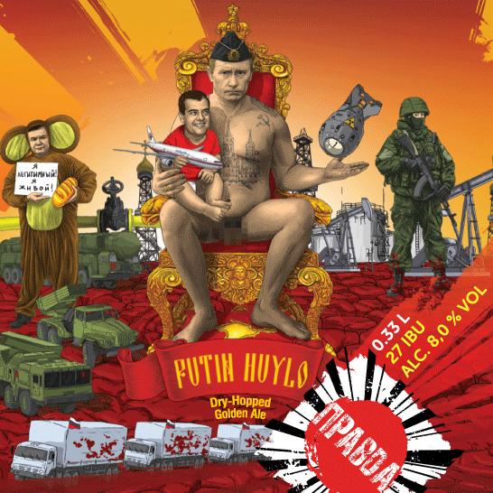 Putin Dry Hopped Golden Ale label with dickhead Putin seated naked on a throne holding an atomic bomb and other imagery